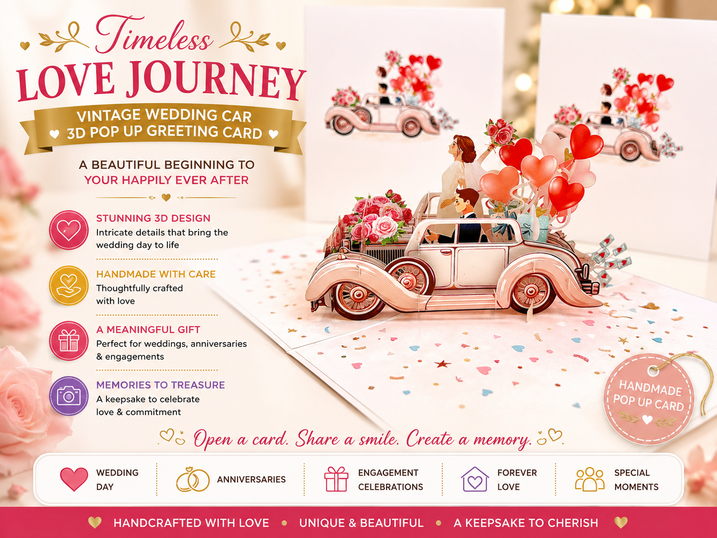 Vintage Wedding Car with Bride & Groom 3D POP UP GREETING CARD - Created by Origami Pop Cards – 3D Pop Up Greeting Cards, Australian Design & Handmade, 3D Pop Up Magical Paper Cards, Handmade Pop Up Cards Celebrate Love Anniversary Heart Fell and Romantic