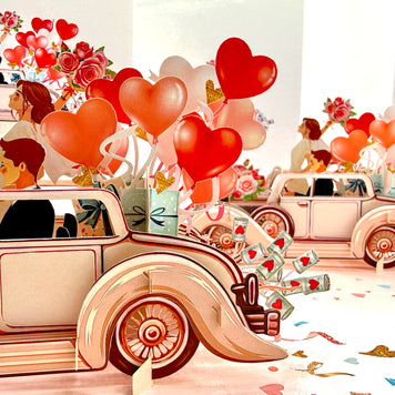 Vintage Wedding Car with Bride & Groom 3D POP UP GREETING CARD - Created by Origami Pop Cards – 3D Pop Up Greeting Cards, Australian Design & Handmade, 3D Pop Up Magical Paper Cards, Handmade Pop Up Cards Celebrate Love Anniversary Heart Fell and Romantic