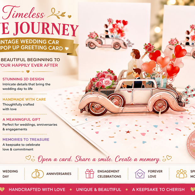 Vintage Wedding Car with Bride & Groom 3D POP UP GREETING CARD - Created by Origami Pop Cards – 3D Pop Up Greeting Cards, Australian Design & Handmade, 3D Pop Up Magical Paper Cards, Handmade Pop Up Cards Celebrate Love Anniversary Heart Fell and Romantic