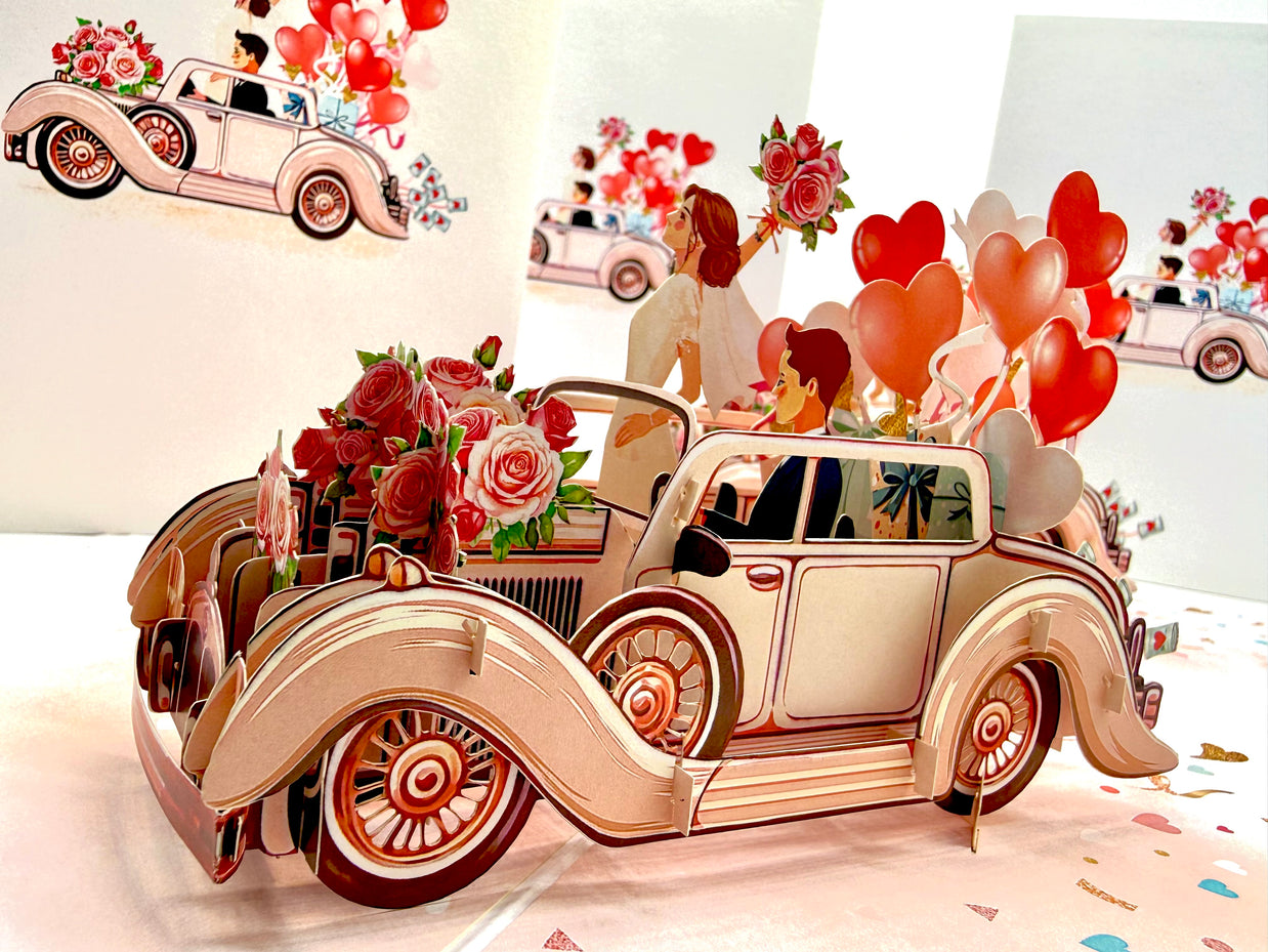 Vintage Wedding Car with Bride & Groom 3D POP UP GREETING CARD - Created by Origami Pop Cards – 3D Pop Up Greeting Cards, Australian Design & Handmade, 3D Pop Up Magical Paper Cards, Handmade Pop Up Cards Celebrate Love Anniversary Heart Fell and Romantic
