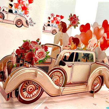 Vintage Wedding Car with Bride & Groom 3D POP UP GREETING CARD - Created by Origami Pop Cards – 3D Pop Up Greeting Cards, Australian Design & Handmade, 3D Pop Up Magical Paper Cards, Handmade Pop Up Cards Celebrate Love Anniversary Heart Fell and Romantic