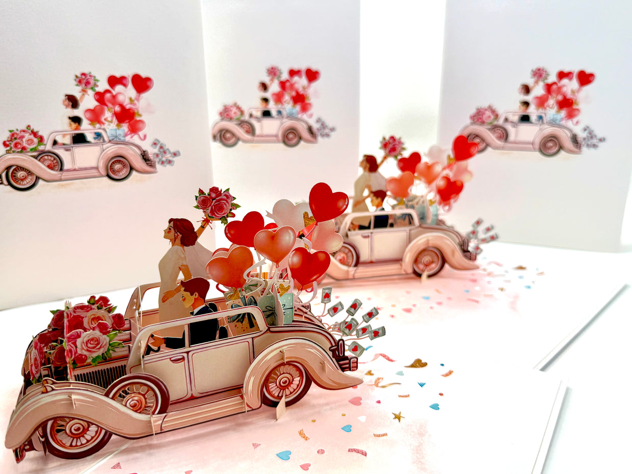 Vintage Wedding Car with Bride & Groom 3D POP UP GREETING CARD - Created by Origami Pop Cards – 3D Pop Up Greeting Cards, Australian Design & Handmade, 3D Pop Up Magical Paper Cards, Handmade Pop Up Cards Celebrate Love Anniversary Heart Fell and Romantic