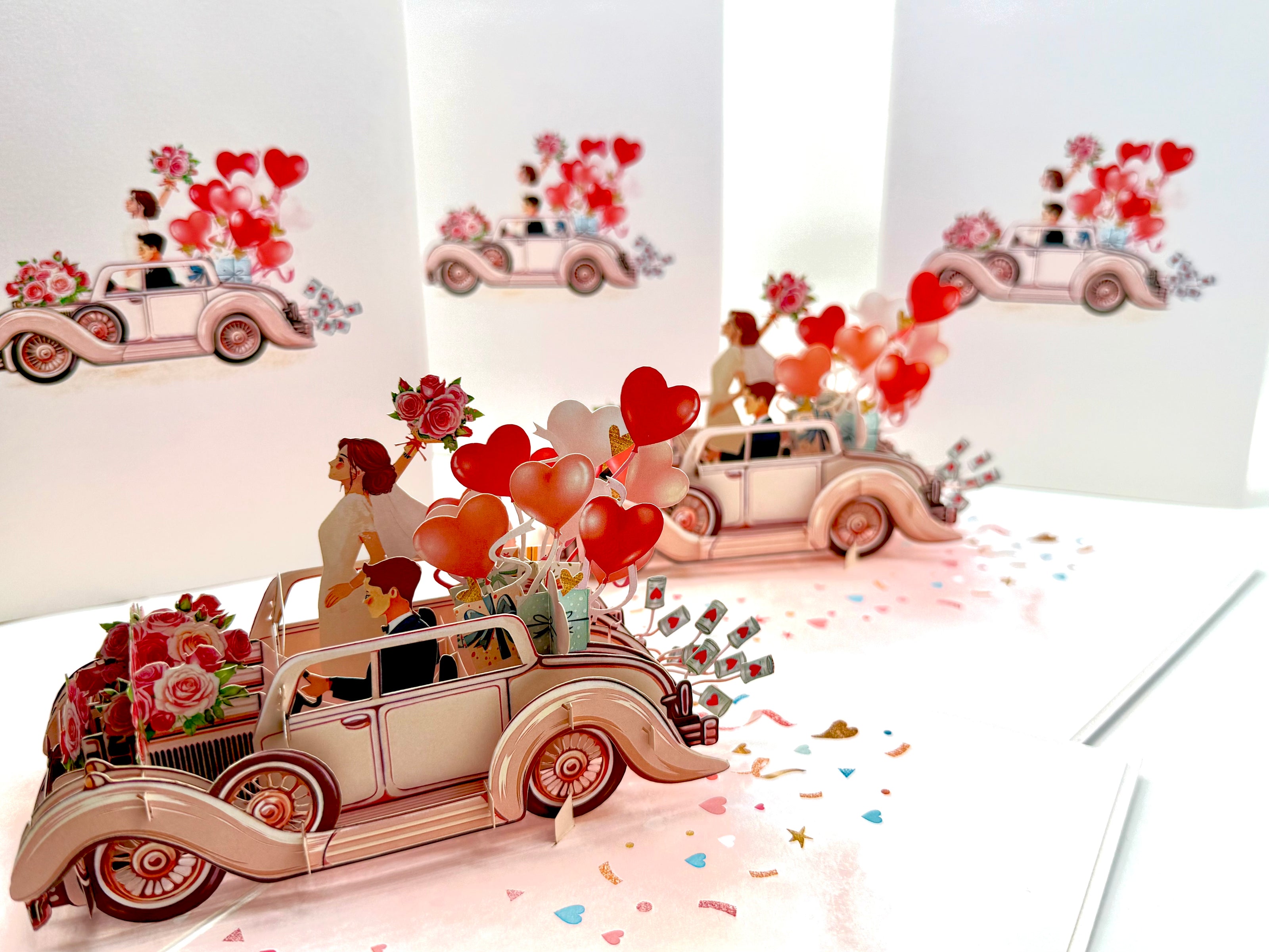 Vintage Wedding Car with Bride & Groom 3D POP UP GREETING CARD - Created by Origami Pop Cards – 3D Pop Up Greeting Cards, Australian Design & Handmade, 3D Pop Up Magical Paper Cards, Handmade Pop Up Cards Celebrate Love Anniversary Heart Fell and Romantic