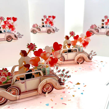 Vintage Wedding Car with Bride & Groom 3D POP UP GREETING CARD - Created by Origami Pop Cards – 3D Pop Up Greeting Cards, Australian Design & Handmade, 3D Pop Up Magical Paper Cards, Handmade Pop Up Cards Celebrate Love Anniversary Heart Fell and Romantic