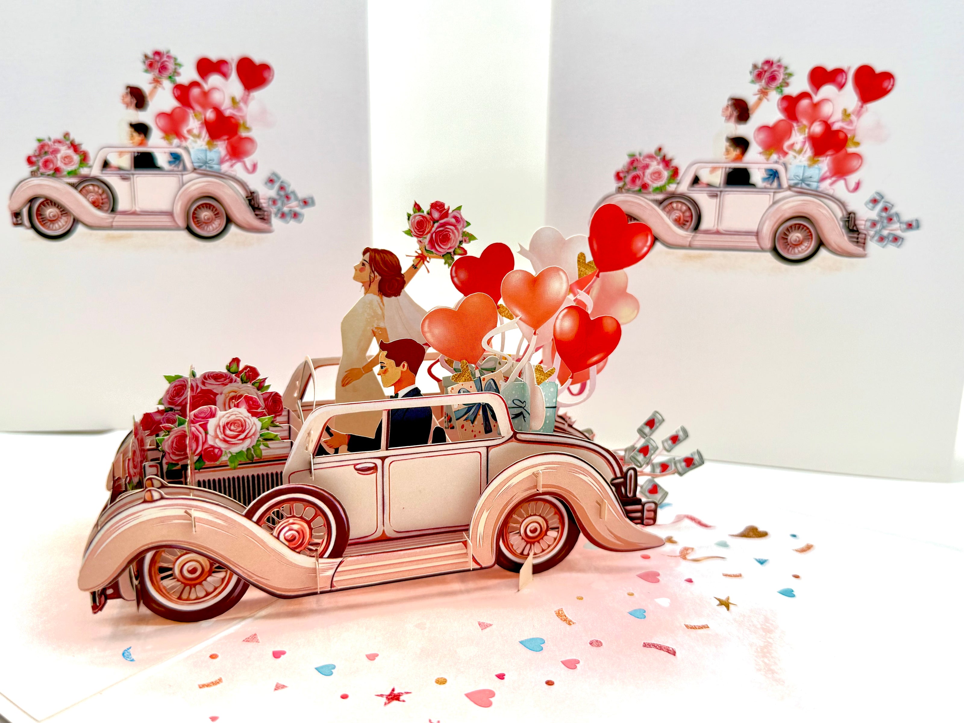 Vintage Wedding Car with Bride & Groom 3D POP UP GREETING CARD - Created by Origami Pop Cards – 3D Pop Up Greeting Cards, Australian Design & Handmade, 3D Pop Up Magical Paper Cards, Handmade Pop Up Cards Celebrate Love Anniversary Heart Fell and Romantic
