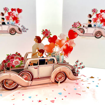 Vintage Wedding Car with Bride & Groom 3D POP UP GREETING CARD - Created by Origami Pop Cards – 3D Pop Up Greeting Cards, Australian Design & Handmade, 3D Pop Up Magical Paper Cards, Handmade Pop Up Cards Celebrate Love Anniversary Heart Fell and Romantic