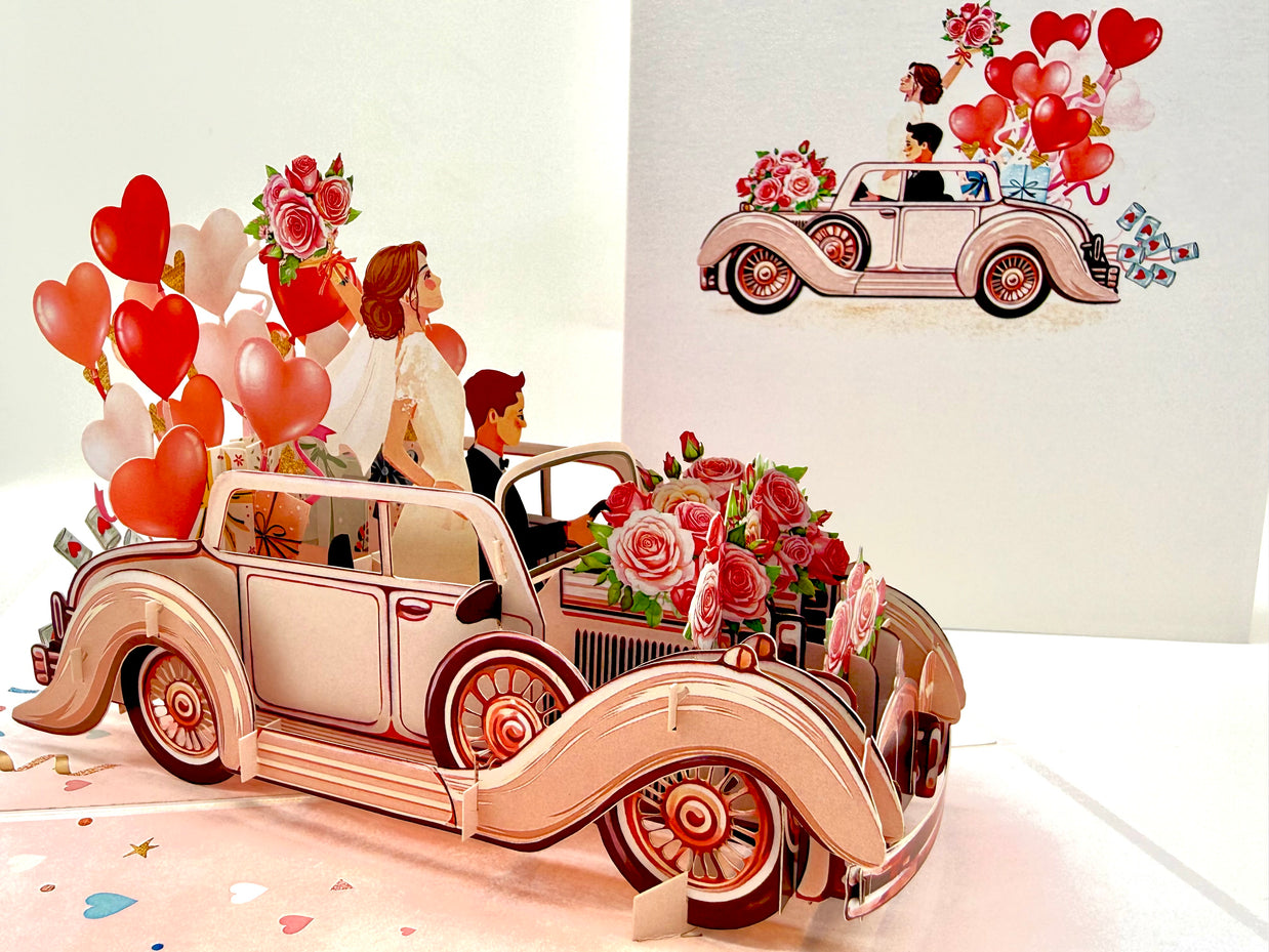 Vintage Wedding Car with Bride & Groom 3D POP UP GREETING CARD - Created by Origami Pop Cards – 3D Pop Up Greeting Cards, Australian Design & Handmade, 3D Pop Up Magical Paper Cards, Handmade Pop Up Cards Celebrate Love Anniversary Heart Fell and Romantic