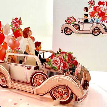 Vintage Wedding Car with Bride & Groom 3D POP UP GREETING CARD - Created by Origami Pop Cards – 3D Pop Up Greeting Cards, Australian Design & Handmade, 3D Pop Up Magical Paper Cards, Handmade Pop Up Cards Celebrate Love Anniversary Heart Fell and Romantic