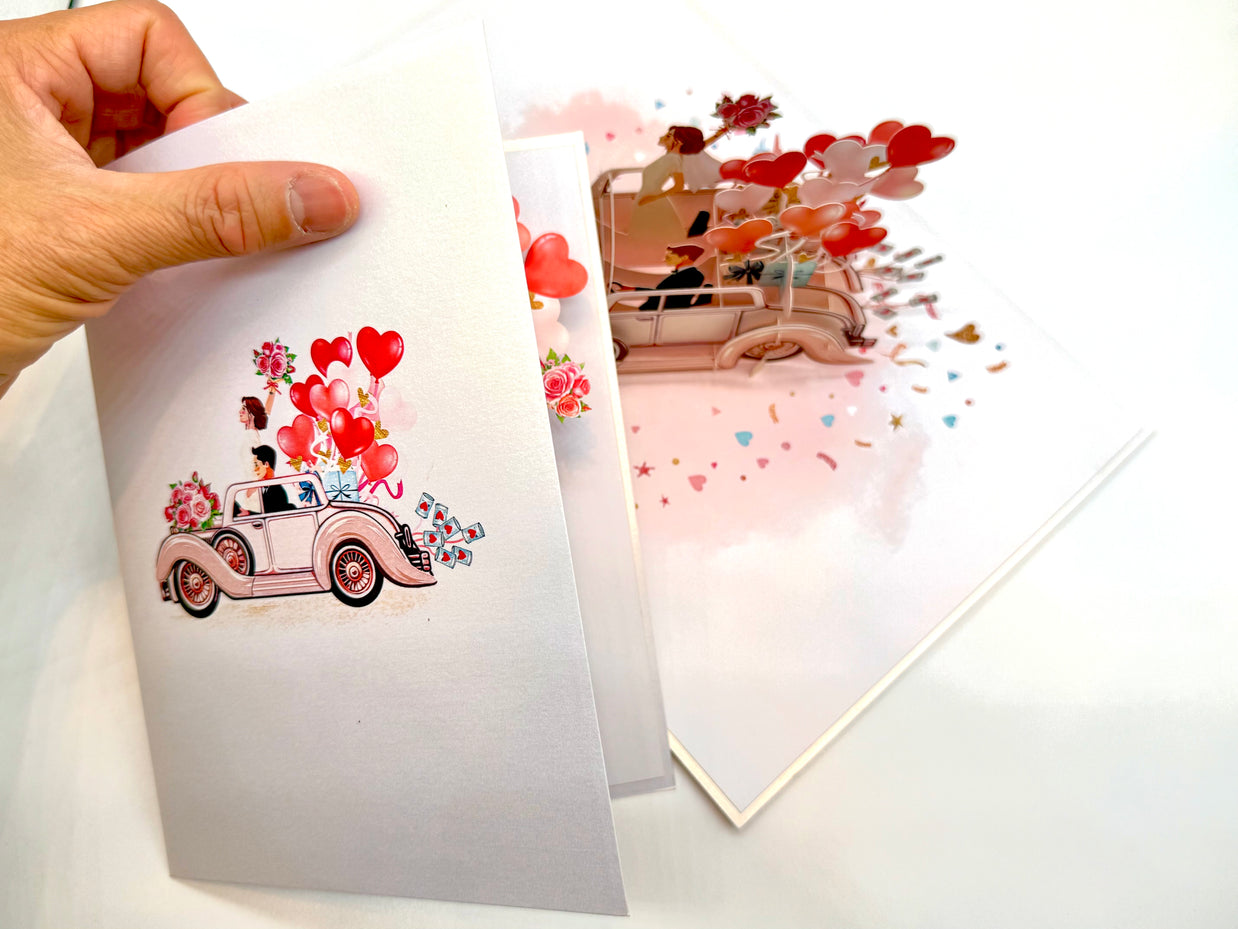 Vintage Wedding Car with Bride & Groom 3D POP UP GREETING CARD - Created by Origami Pop Cards – 3D Pop Up Greeting Cards, Australian Design & Handmade, 3D Pop Up Magical Paper Cards, Handmade Pop Up Cards Celebrate Love Anniversary Heart Fell and Romantic