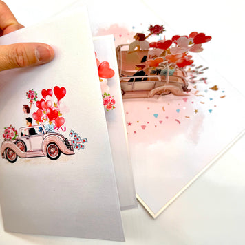 Vintage Wedding Car with Bride & Groom 3D POP UP GREETING CARD - Created by Origami Pop Cards – 3D Pop Up Greeting Cards, Australian Design & Handmade, 3D Pop Up Magical Paper Cards, Handmade Pop Up Cards Celebrate Love Anniversary Heart Fell and Romantic