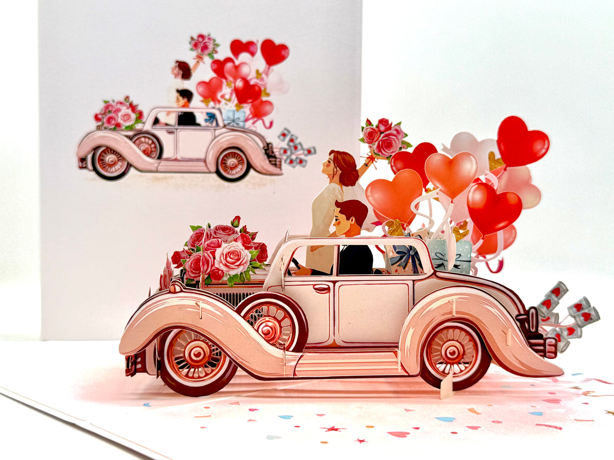 Vintage Wedding Car with Bride & Groom 3D POP UP GREETING CARD - Created by Origami Pop Cards – 3D Pop Up Greeting Cards, Australian Design & Handmade, 3D Pop Up Magical Paper Cards, Handmade Pop Up Cards Celebrate Love Anniversary Heart Fell and Romantic