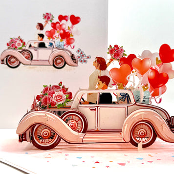Vintage Wedding Car with Bride & Groom 3D POP UP GREETING CARD - Created by Origami Pop Cards – 3D Pop Up Greeting Cards, Australian Design & Handmade, 3D Pop Up Magical Paper Cards, Handmade Pop Up Cards Celebrate Love Anniversary Heart Fell and Romantic