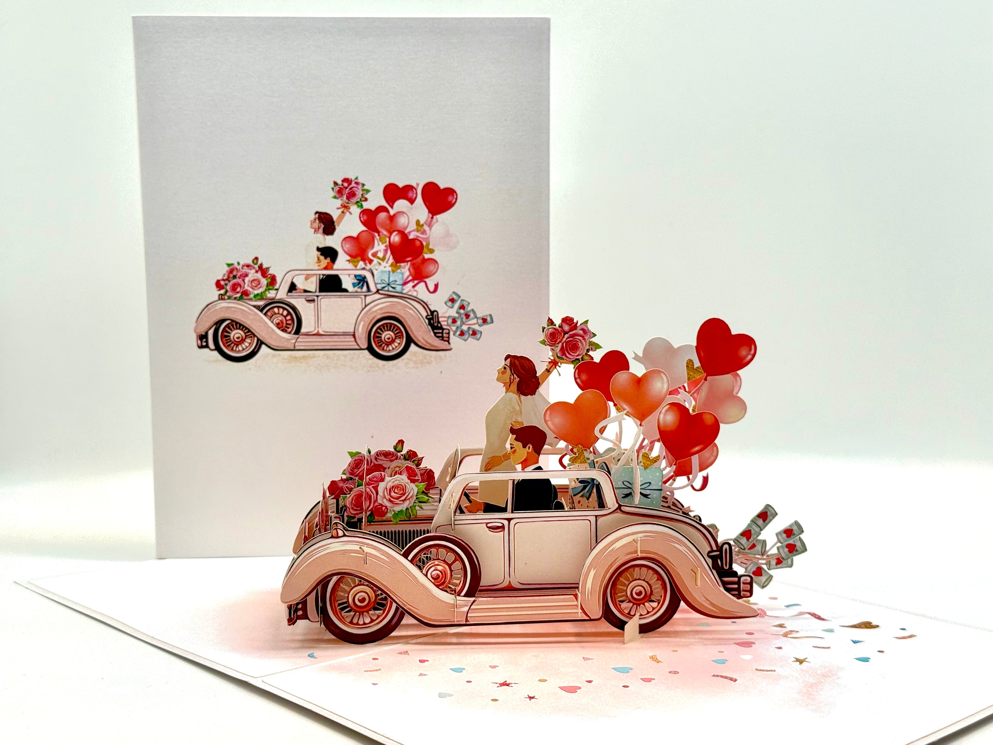 Vintage Wedding Car with Bride & Groom 3D POP UP GREETING CARD - Created by Origami Pop Cards – 3D Pop Up Greeting Cards, Australian Design & Handmade, 3D Pop Up Magical Paper Cards, Handmade Pop Up Cards Celebrate Love Anniversary Heart Fell and Romantic