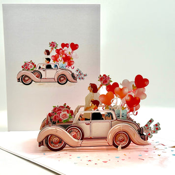 Vintage Wedding Car with Bride & Groom 3D POP UP GREETING CARD - Created by Origami Pop Cards – 3D Pop Up Greeting Cards, Australian Design & Handmade, 3D Pop Up Magical Paper Cards, Handmade Pop Up Cards Celebrate Love Anniversary Heart Fell and Romantic