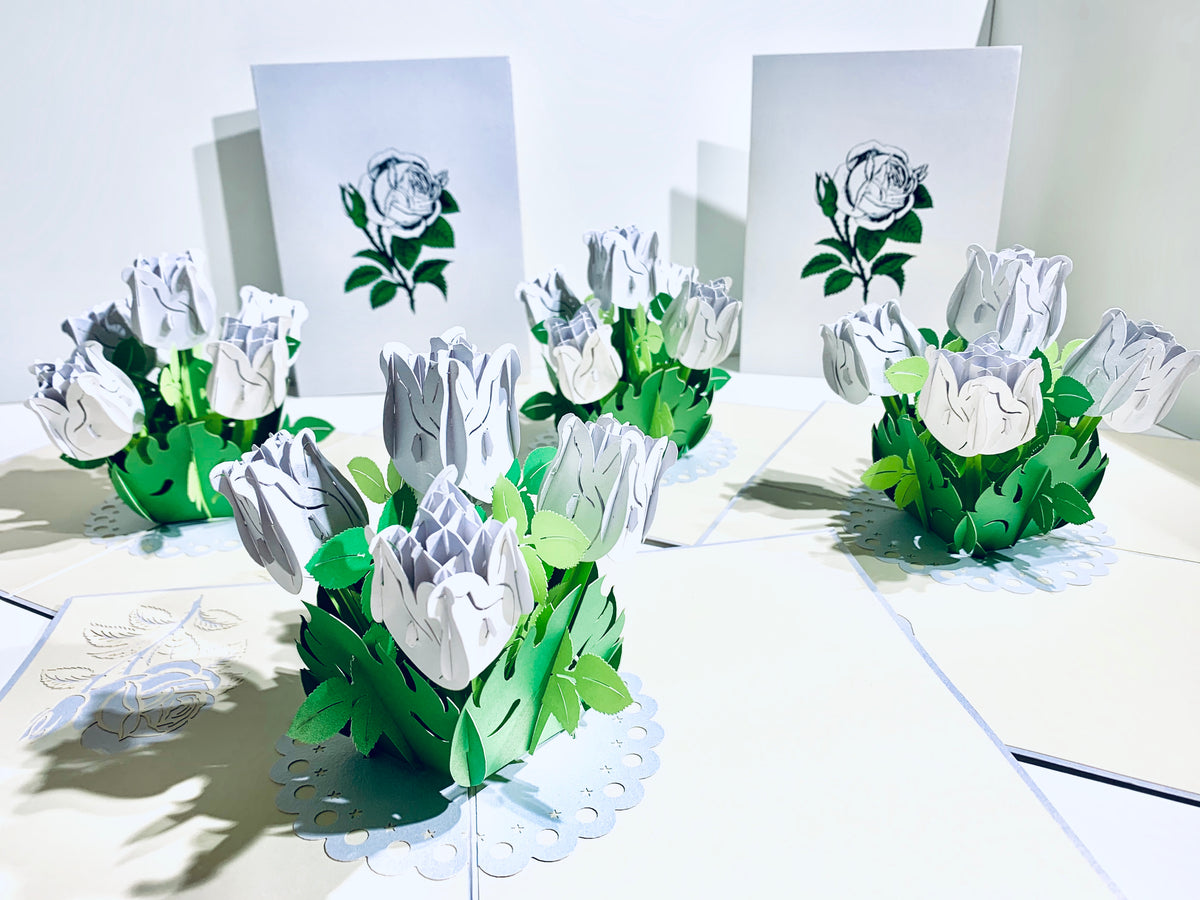 White Rose Bouquet Pop Up Card - Classic & Chic Collection Origami Pop Cards 3D Pop Up Greeting Card Happy Birthday Thank You Handmade Gift Thinking of You Blank Card for Any Occasion Happy Mother's Day Australiana Celebrate the Beauty