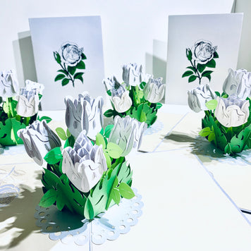 White Rose Bouquet Pop Up Card - Classic & Chic Collection Origami Pop Cards 3D Pop Up Greeting Card Happy Birthday Thank You Handmade Gift Thinking of You Blank Card for Any Occasion Happy Mother's Day Australiana Celebrate the Beauty
