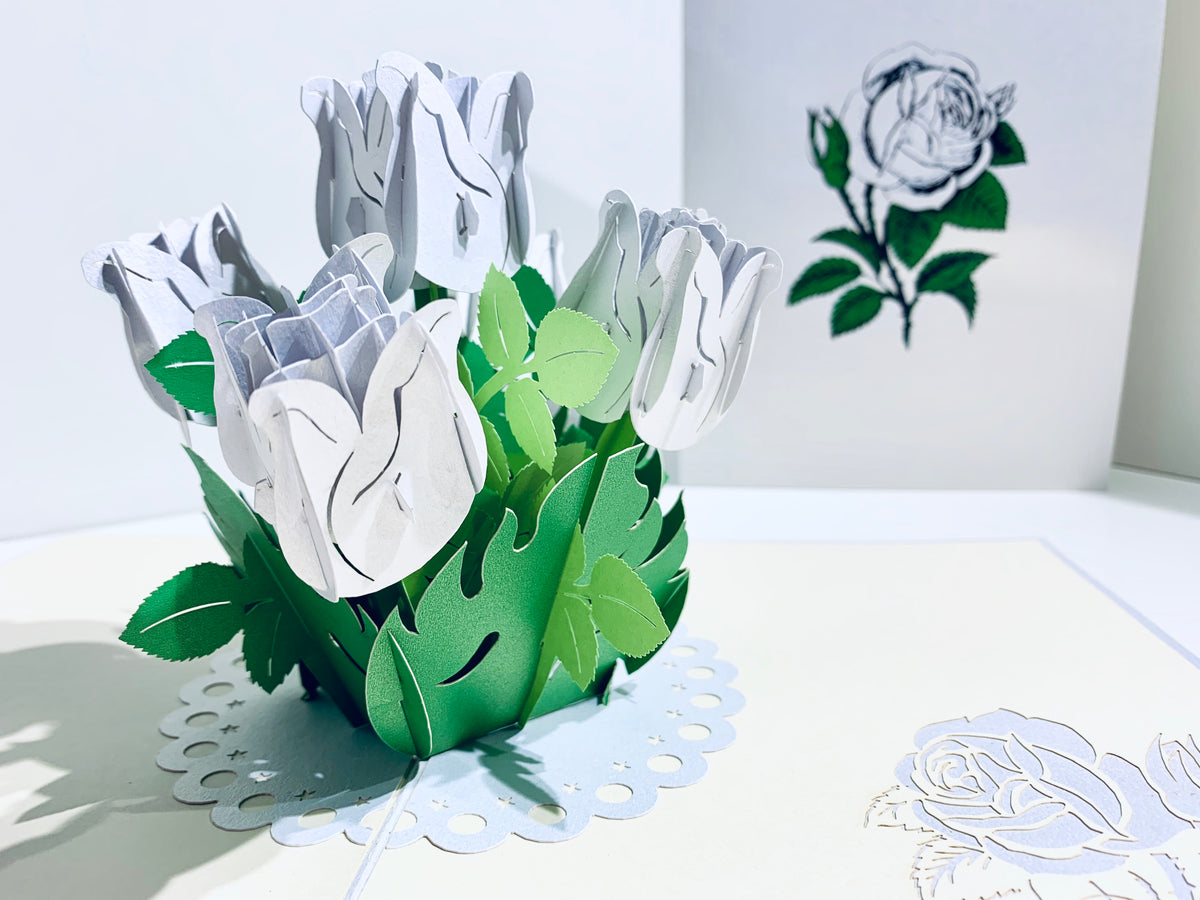White Rose Bouquet Pop Up Card - Classic & Chic Collection Origami Pop Cards 3D Pop Up Greeting Card Happy Birthday Thank You Handmade Gift Thinking of You Blank Card for Any Occasion Happy Mother's Day Australiana Celebrate the Beauty