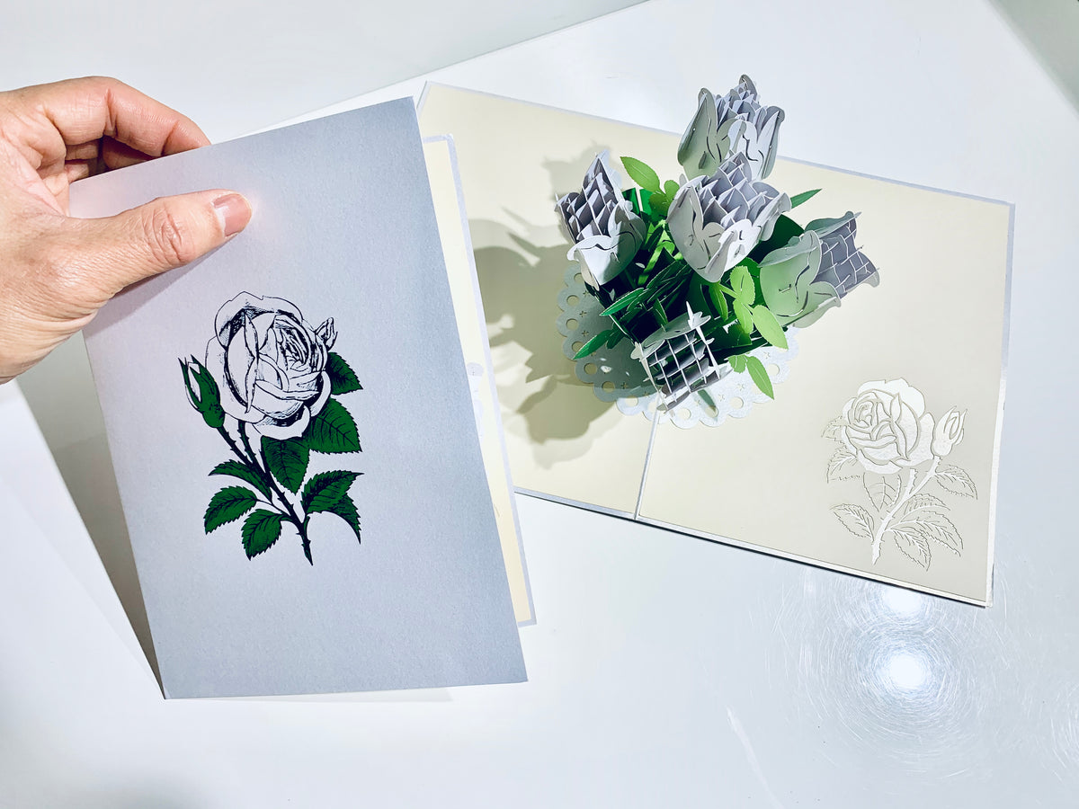 White Rose Bouquet Pop Up Card - Classic & Chic Collection Origami Pop Cards 3D Pop Up Greeting Card Happy Birthday Thank You Handmade Gift Thinking of You Blank Card for Any Occasion Happy Mother's Day Australiana Celebrate the Beauty