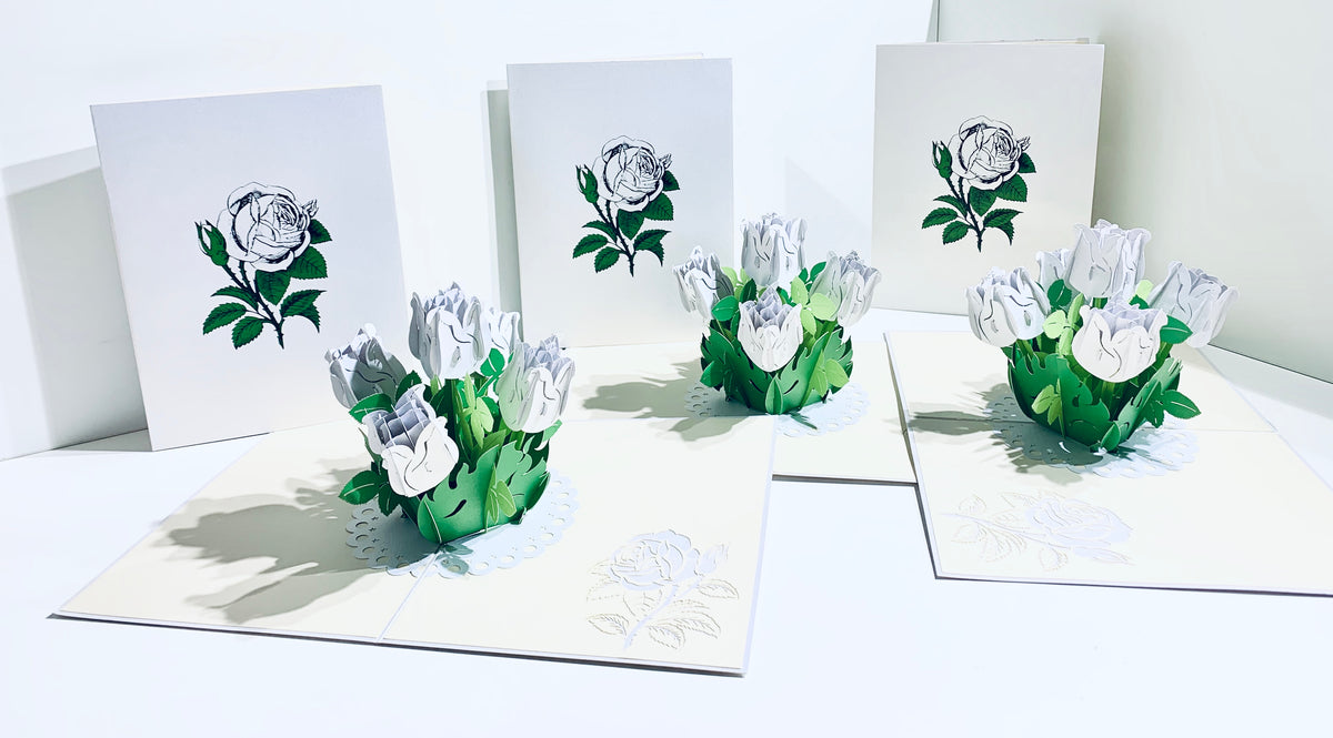 White Rose Bouquet Pop Up Card - Classic & Chic Collection Origami Pop Cards 3D Pop Up Greeting Card Happy Birthday Thank You Handmade Gift Thinking of You Blank Card for Any Occasion Happy Mother's Day Australiana Celebrate the Beauty