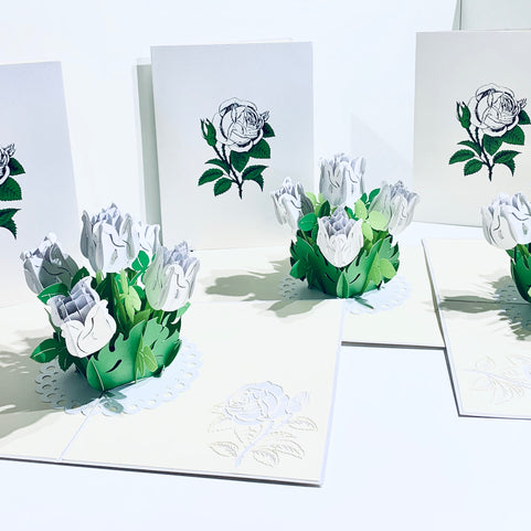 White Rose Bouquet Pop Up Card - Classic & Chic Collection Origami Pop Cards 3D Pop Up Greeting Card Happy Birthday Thank You Handmade Gift Thinking of You Blank Card for Any Occasion Happy Mother's Day Australiana Celebrate the Beauty