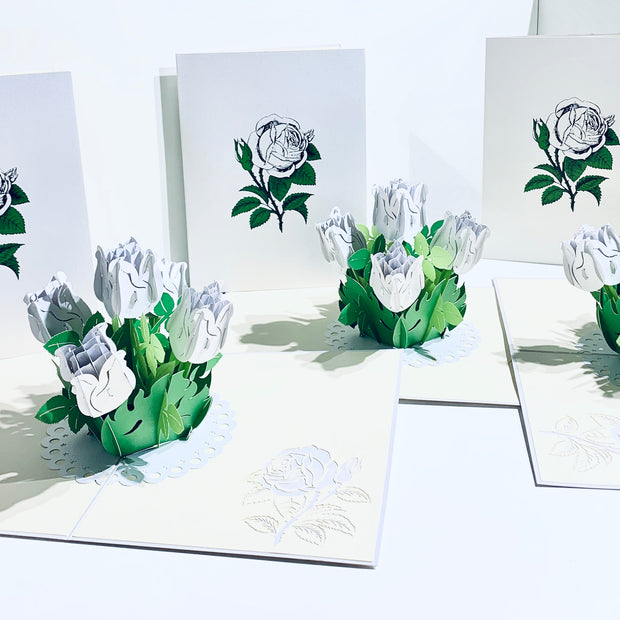 White Rose Bouquet Pop Up Card - Classic & Chic Collection Origami Pop Cards 3D Pop Up Greeting Card Happy Birthday Thank You Handmade Gift Thinking of You Blank Card for Any Occasion Happy Mother's Day Australiana Celebrate the Beauty