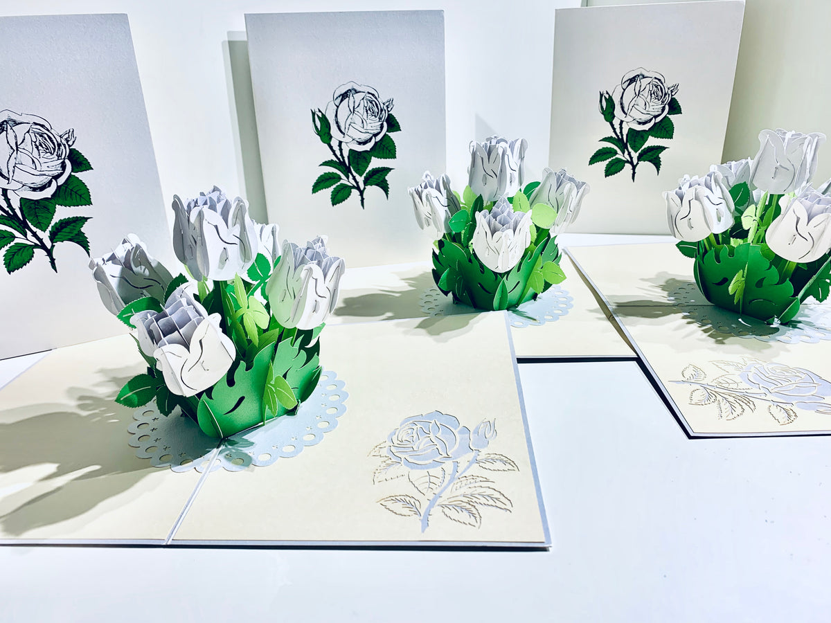 White Rose Bouquet Pop Up Card - Classic & Chic Collection Origami Pop Cards 3D Pop Up Greeting Card Happy Birthday Thank You Handmade Gift Thinking of You Blank Card for Any Occasion Happy Mother's Day Australiana Celebrate the Beauty