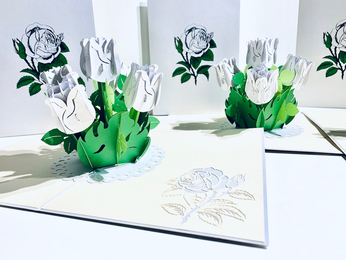 White Rose Bouquet Pop Up Card - Classic & Chic Collection Origami Pop Cards 3D Pop Up Greeting Card Happy Birthday Thank You Handmade Gift Thinking of You Blank Card for Any Occasion Happy Mother's Day Australiana Celebrate the Beauty