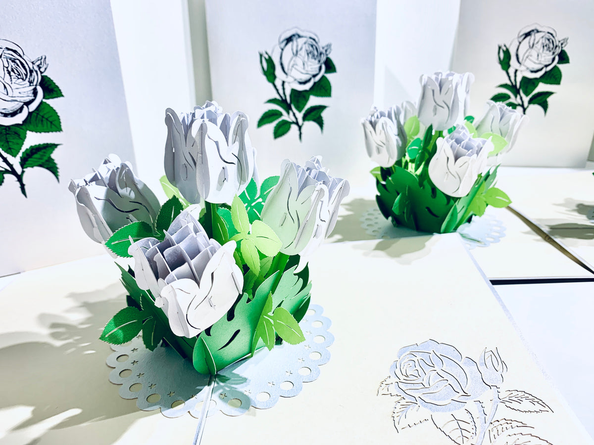 White Rose Bouquet Pop Up Card - Classic & Chic Collection Origami Pop Cards 3D Pop Up Greeting Card Happy Birthday Thank You Handmade Gift Thinking of You Blank Card for Any Occasion Happy Mother's Day Australiana Celebrate the Beauty