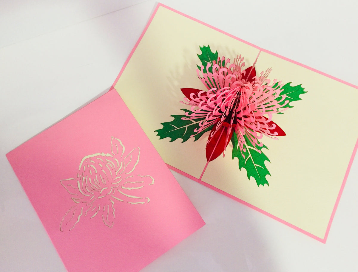 Waratah Australian Native Flower in Pink Origami Pop Cards 3D Pop Up Greeting Card Happy Birthday Thank You Handmade Gift Thinking of You Blank Card for Any Occasion Happy Mother's Day Happy Father's Australiana