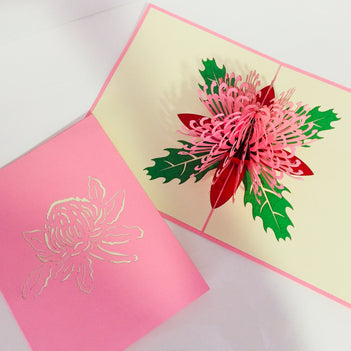 Waratah Australian Native Flower in Pink Origami Pop Cards 3D Pop Up Greeting Card Happy Birthday Thank You Handmade Gift Thinking of You Blank Card for Any Occasion Happy Mother's Day Happy Father's Australiana