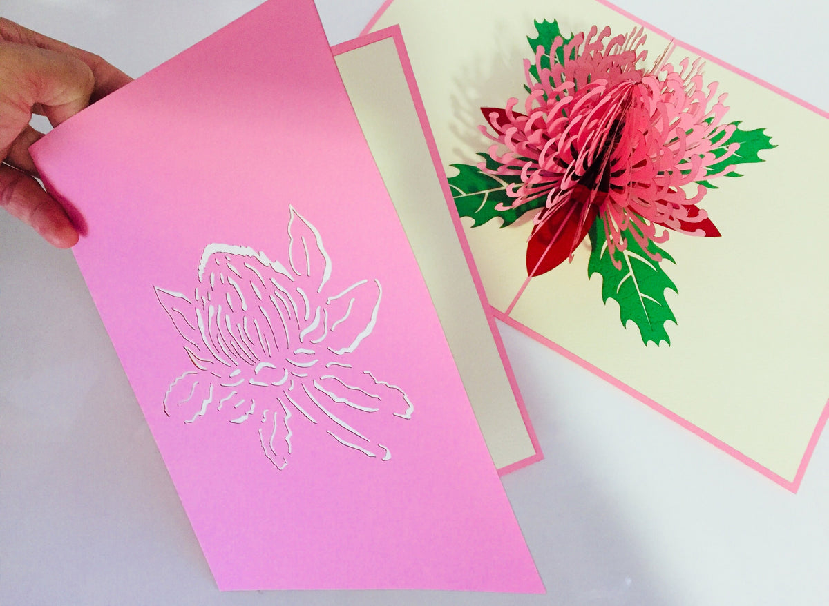 Waratah Australian Native Flower in Pink Origami Pop Cards 3D Pop Up Greeting Card Happy Birthday Thank You Handmade Gift Thinking of You Blank Card for Any Occasion Happy Mother's Day Happy Father's Australiana