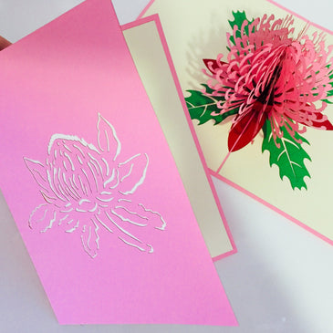 Waratah Australian Native Flower in Pink Origami Pop Cards 3D Pop Up Greeting Card Happy Birthday Thank You Handmade Gift Thinking of You Blank Card for Any Occasion Happy Mother's Day Happy Father's Australiana