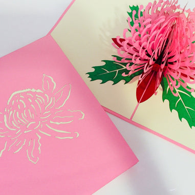 Waratah Australian Native Flower in Pink Origami Pop Cards 3D Pop Up Greeting Card Happy Birthday Thank You Handmade Gift Thinking of You Blank Card for Any Occasion Happy Mother's Day Happy Father's Australiana