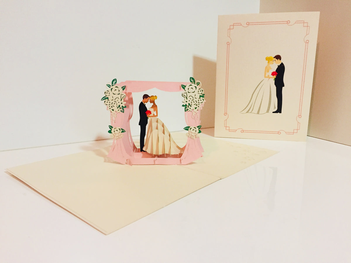 Western Style - Metallic Ivory Wedding Classic Style under Pink Curtains Origami Pop Cards 3D Pop Up Greeting Card Happy Halloween Best Wishes Blank Card Fun Party Cheer Gift Happy Holidays Thank You Handmade Celebrate the Special Day (Copy)
