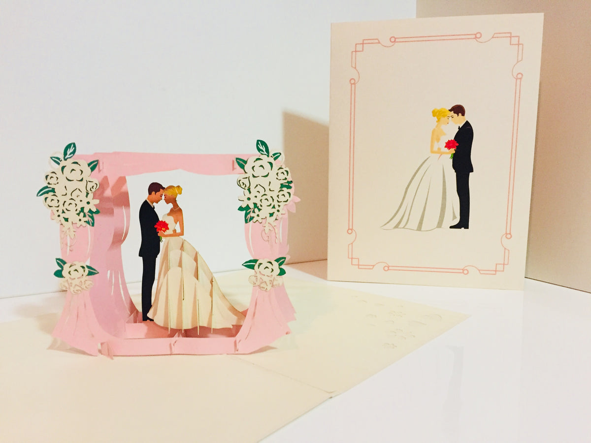 Western Style - Metallic Ivory Wedding Classic Style under Pink Curtains Created by Origami Pop Cards – 3D Pop Up Greeting Cards, Australian Design & Handmade, 3D Pop Up Magical Paper Cards, Handmade Pop Up Cards Celebrate Love Anniversary