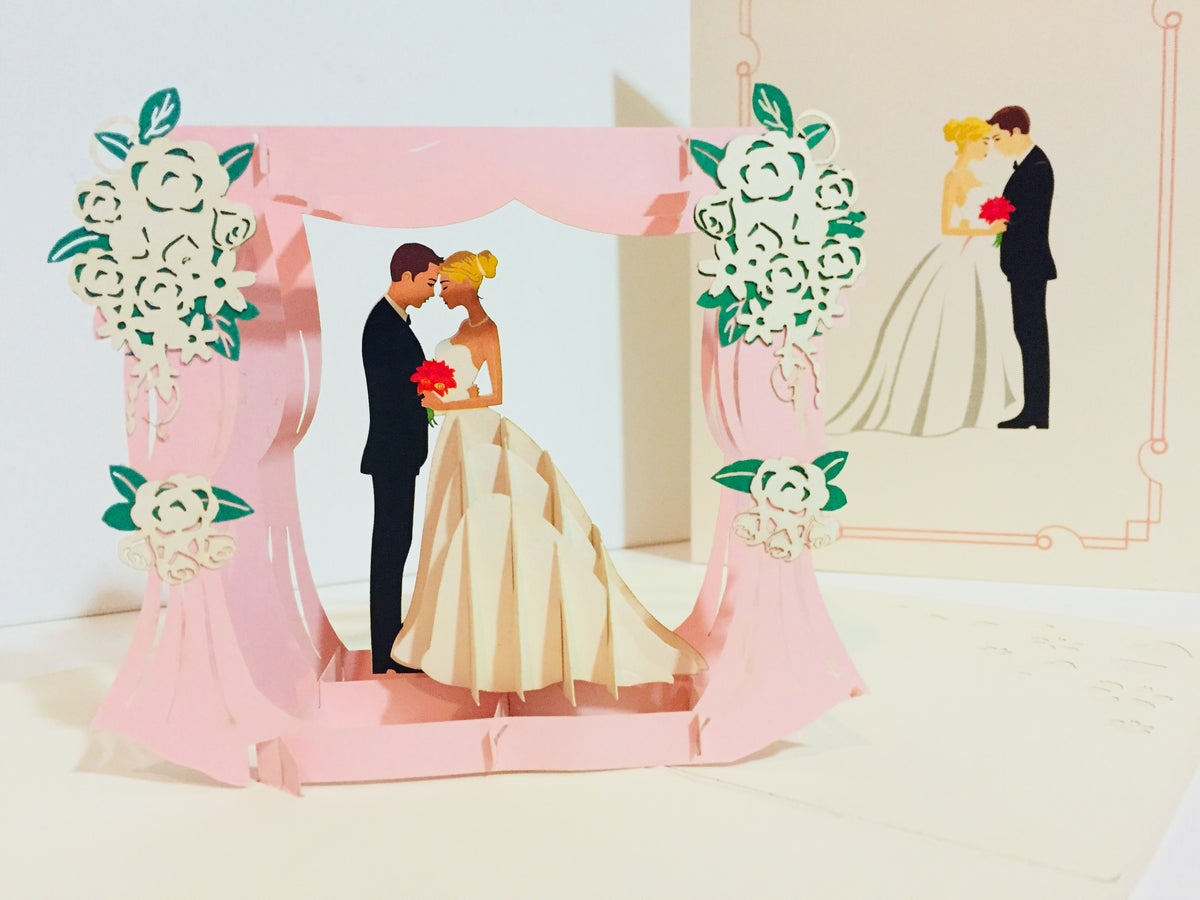 Western Style - Metallic Ivory Wedding Classic Style under Pink Curtains Origami Pop Cards 3D Pop Up Greeting Card Happy Halloween Best Wishes Blank Card Fun Party Cheer Gift Happy Holidays Thank You Handmade Celebrate the Special Day (Copy)