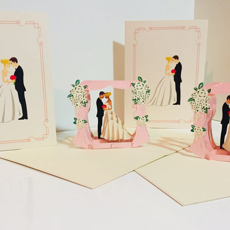 Western Style - Metallic Ivory Wedding Classic Style under Pink Curtains Origami Pop Cards 3D Pop Up Greeting Card Happy Halloween Best Wishes Blank Card Fun Party Cheer Gift Happy Holidays Thank You Handmade Celebrate the Special Day (Copy)