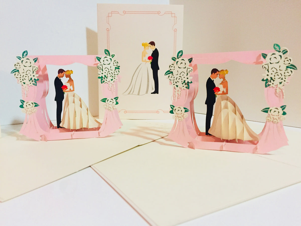 Western Style - Metallic Ivory Wedding Classic Style under Pink Curtains Created by Origami Pop Cards – 3D Pop Up Greeting Cards, Australian Design & Handmade, 3D Pop Up Magical Paper Cards, Handmade Pop Up Cards Celebrate Love Anniversary