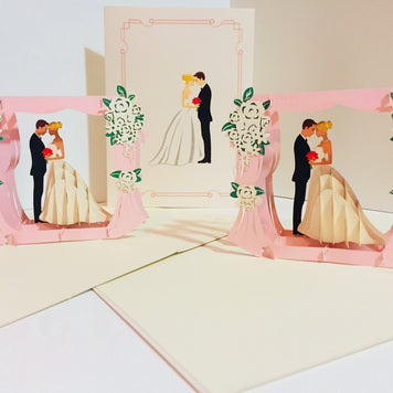 Western Style - Metallic Ivory Wedding Classic Style under Pink Curtains Created by Origami Pop Cards – 3D Pop Up Greeting Cards, Australian Design & Handmade, 3D Pop Up Magical Paper Cards, Handmade Pop Up Cards Celebrate Love Anniversary
