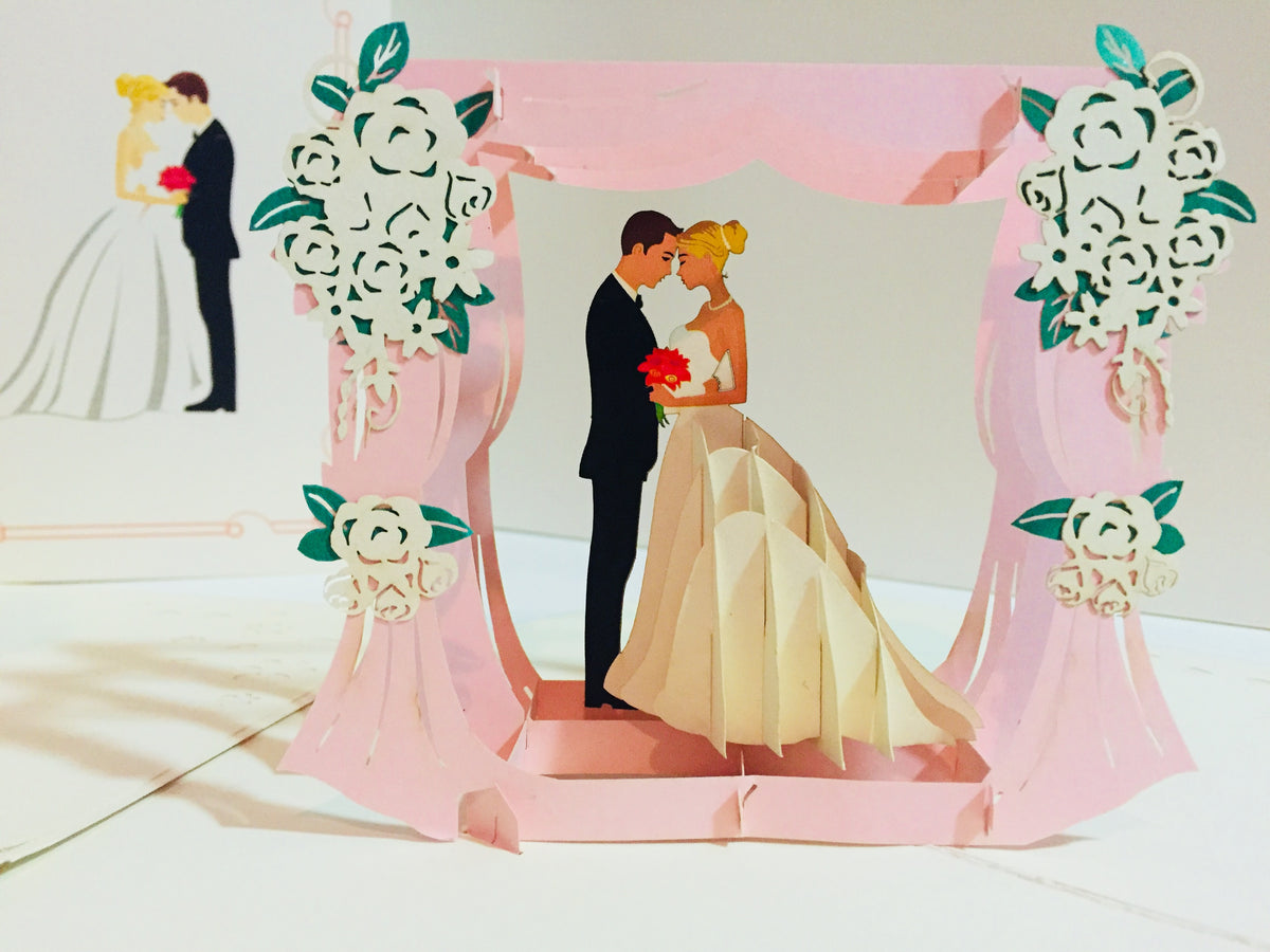 Western Style - Metallic Ivory Wedding Classic Style under Pink Curtains Origami Pop Cards 3D Pop Up Greeting Card Happy Halloween Best Wishes Blank Card Fun Party Cheer Gift Happy Holidays Thank You Handmade Celebrate the Special Day (Copy)