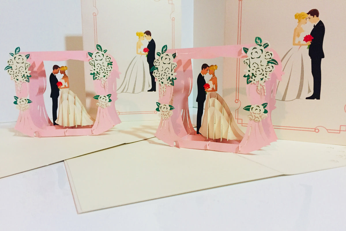 Western Style - Metallic Ivory Wedding Classic Style under Pink Curtains Origami Pop Cards 3D Pop Up Greeting Card Happy Halloween Best Wishes Blank Card Fun Party Cheer Gift Happy Holidays Thank You Handmade Celebrate the Special Day (Copy)