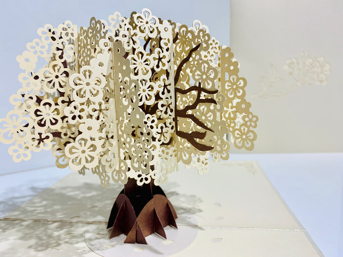 Metallic White Cherry Blossom Tree Origami Pop Cards 3D Pop Up Greeting Card Happy Birthday Thank You Handmade Gift Thinking of You Blank Card for Any Occasion Happy Mother's Day Happy Father's Australiana