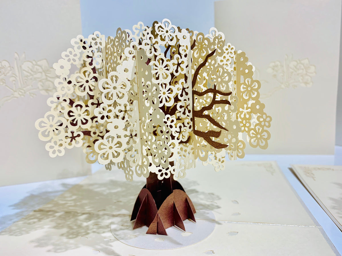 Sparkling White Cherry Blossom Tree - Origami Pop Cards 3D Pop Up Greeting Card Merry Christmas Thank You Handmade Best Wishes Blank Card Gift Happy Holidays Celebrate the Special Day Moment with Family and Friends