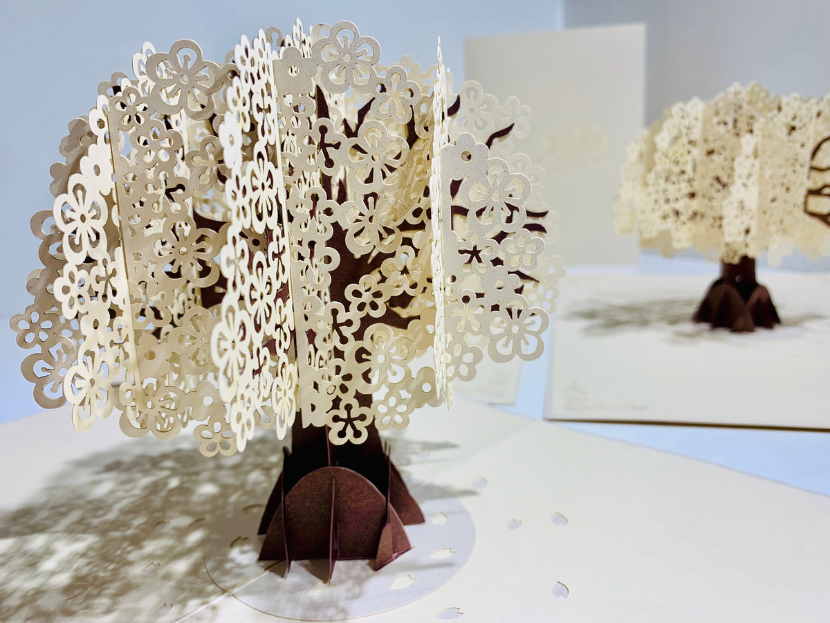 Sparkling White Cherry Blossom Tree - Origami Pop Cards 3D Pop Up Greeting Card Merry Christmas Thank You Handmade Best Wishes Blank Card Gift Happy Holidays Celebrate the Special Day Moment with Family and Friends