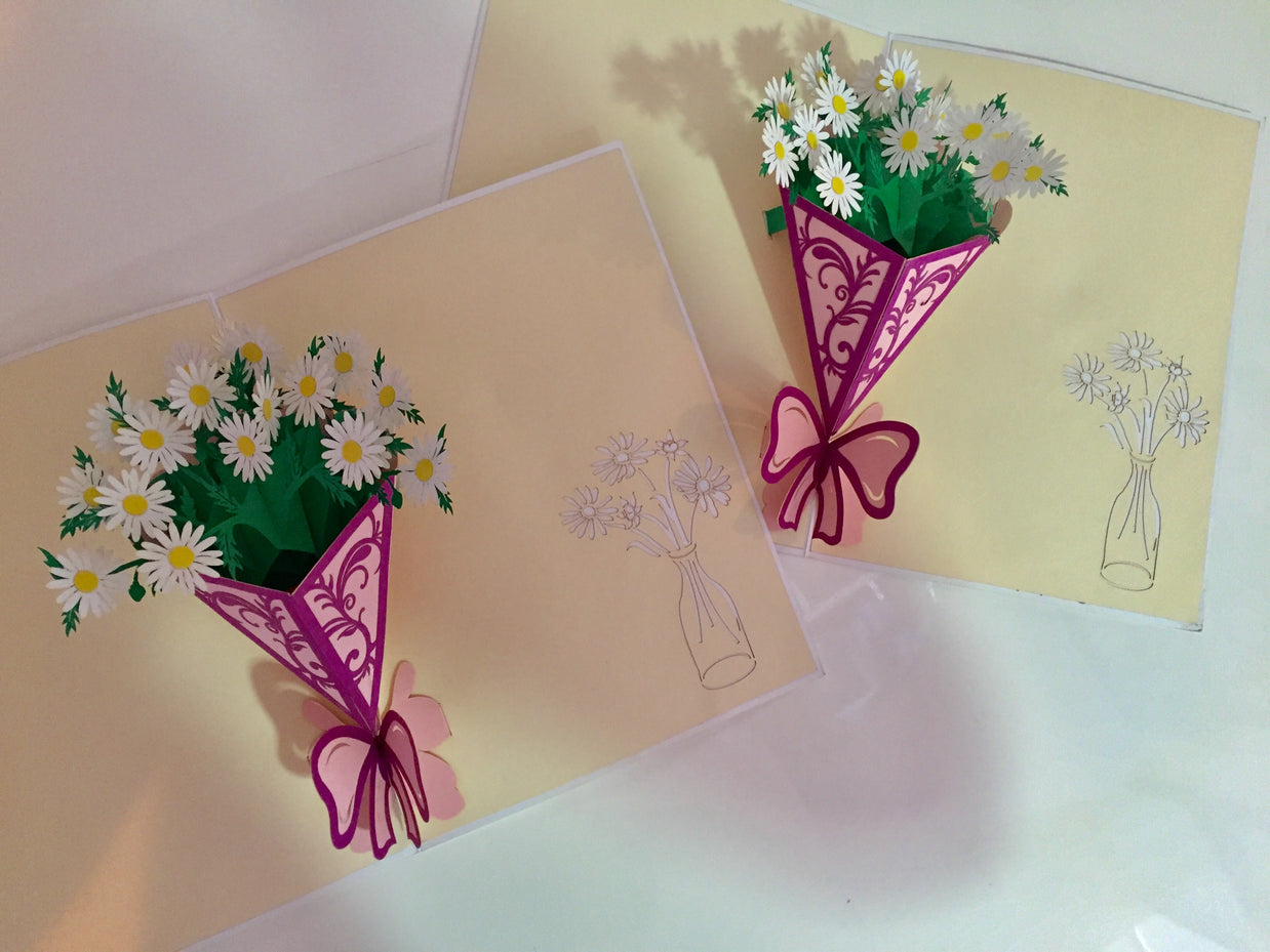 White Daisy Bouquet Wrapped in Purple Ribbon Perfect for Spring Season Origami Pop Cards 3D Pop Up Greeting Card Happy Birthday Thank You Handmade Gift Thinking of You Blank Card for Any Occasion Happy Mother's Day Australiana Celebrate the Beauty