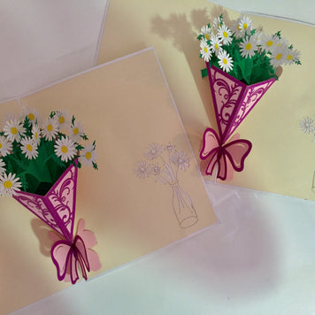 White Daisy Bouquet Wrapped in Purple Ribbon Perfect for Spring Season Origami Pop Cards 3D Pop Up Greeting Card Happy Birthday Thank You Handmade Gift Thinking of You Blank Card for Any Occasion Happy Mother's Day Australiana Celebrate the Beauty