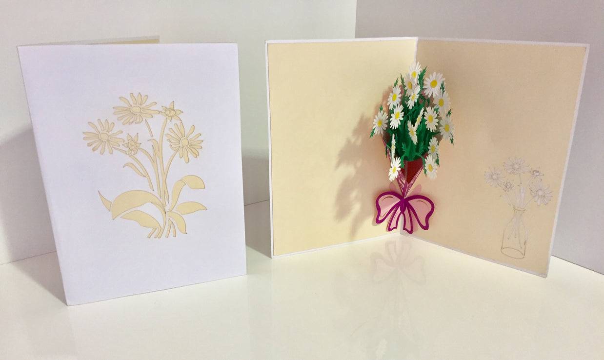 White Daisy Bouquet Wrapped in Purple Ribbon Perfect for Spring Season Origami Pop Cards 3D Pop Up Greeting Card Happy Birthday Thank You Handmade Gift Thinking of You Blank Card for Any Occasion Happy Mother's Day Australiana Celebrate the Beauty