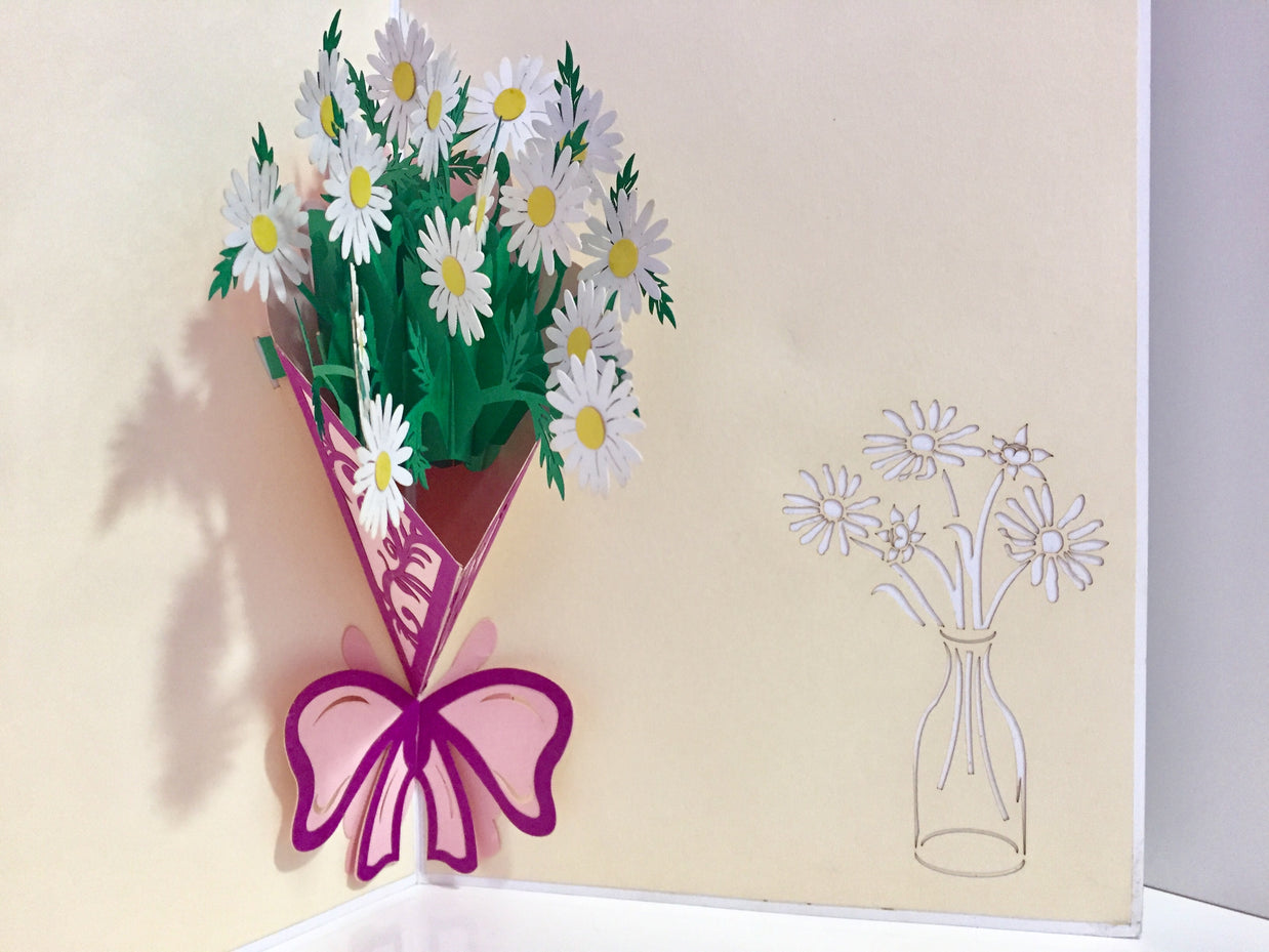 White Daisy Bouquet Wrapped in Purple Ribbon Perfect for Spring Season Origami Pop Cards 3D Pop Up Greeting Card Happy Birthday Thank You Handmade Gift Thinking of You Blank Card for Any Occasion Happy Mother's Day Australiana Celebrate the Beauty