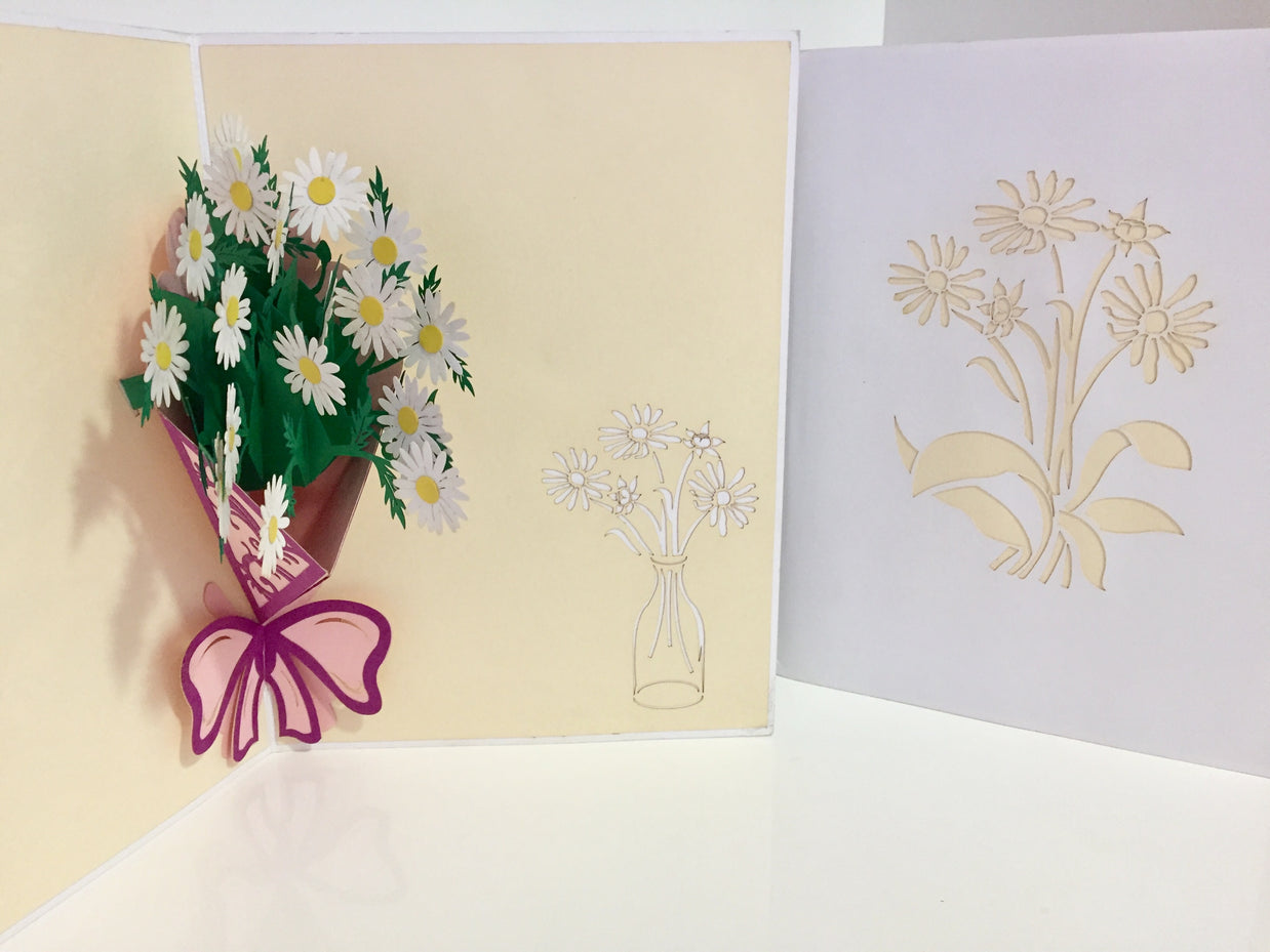 White Daisy Bouquet Wrapped in Purple Ribbon Perfect for Spring Season Origami Pop Cards 3D Pop Up Greeting Card Happy Birthday Thank You Handmade Gift Thinking of You Blank Card for Any Occasion Happy Mother's Day Australiana Celebrate the Beauty