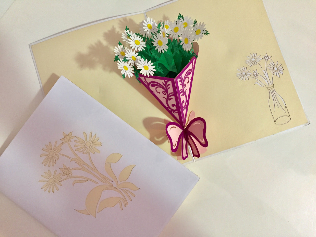 White Daisy Bouquet Wrapped in Purple Ribbon Perfect for Spring Season Origami Pop Cards 3D Pop Up Greeting Card Happy Birthday Thank You Handmade Gift Thinking of You Blank Card for Any Occasion Happy Mother's Day Australiana Celebrate the Beauty